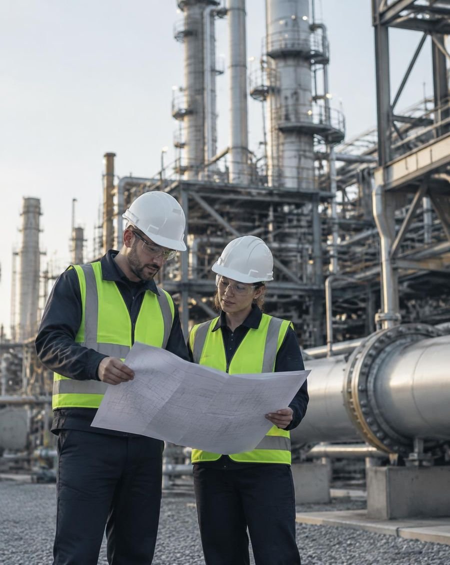Two engineers reviewing drawings at a refinery