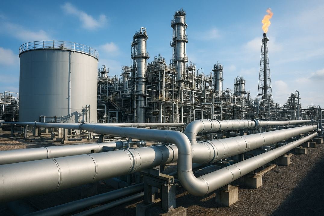 Refinery pipework and distillation towers